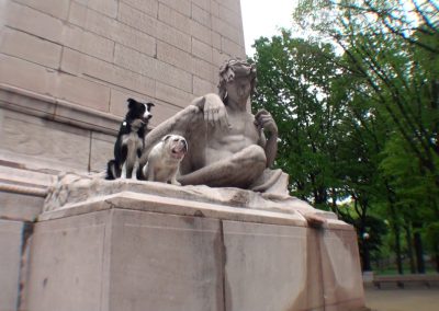Gabe and Nana, 2 dogs, pose on the Maine Statue by Central Park